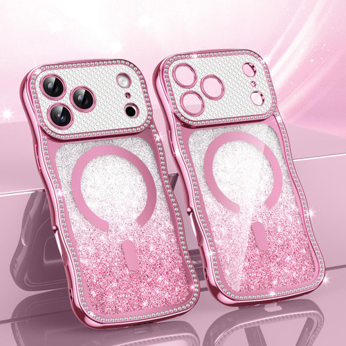 iPhone 17 Pro Wavy Frame Star Diamond Electroplate TPU Glitter Magnetic Phone Case - Gradient Pink