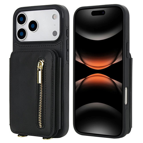 iPhone 17 Pro YM006 Skin Feel Zipper Card Bag Phone Case with Dual Lanyard - Black