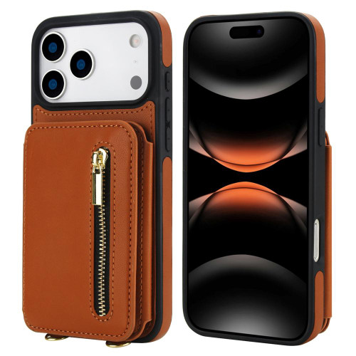 iPhone 17 Pro YM006 Skin Feel Zipper Card Bag Phone Case with Dual Lanyard - Brown
