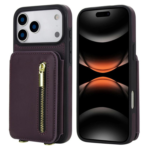 iPhone 17 Pro YM006 Skin Feel Zipper Card Bag Phone Case with Dual Lanyard - Dark Purple