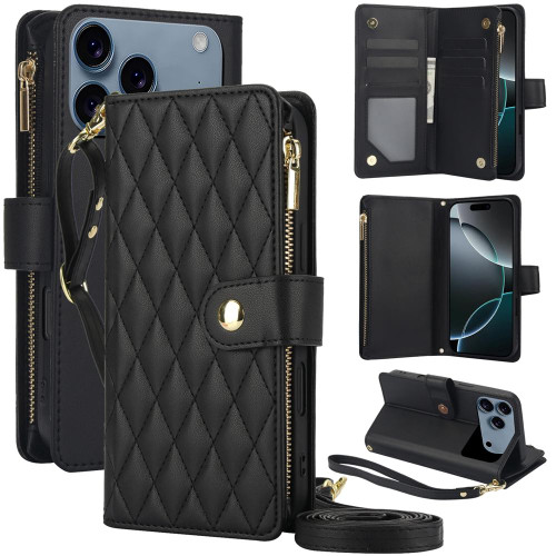 iPhone 17 Pro YM016 Rhombic Zipper Card Wallet Leather Phone Case with Lanyard - Black