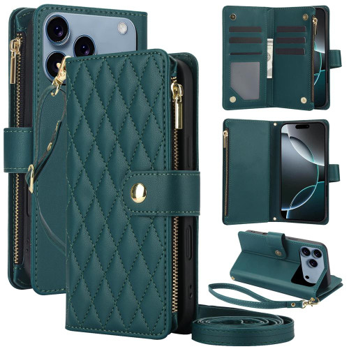 iPhone 17 Pro YM016 Rhombic Zipper Card Wallet Leather Phone Case with Lanyard - Green