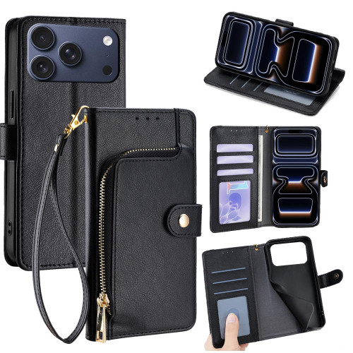 iPhone 17 Pro Zipper Bag Leather Phone Case - Black