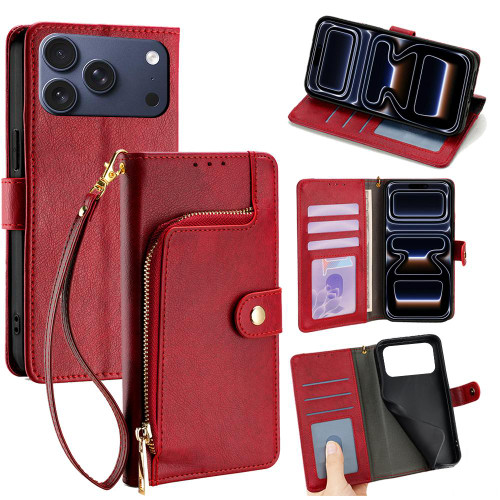 iPhone 17 Pro Zipper Bag Leather Phone Case - Red