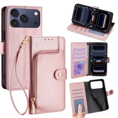 iPhone 17 Pro Zipper Bag Leather Phone Case - Rose Gold