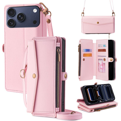 iPhone 17 Pro Zipper Wallet Side Buckle Crossbody Lanyard Leather Phone Case - Rose Gold