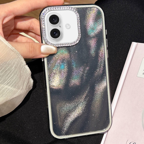 iPhone 17 3 in 1 Diamond Lens Frame Quicksand Pattern Phone Case - Black