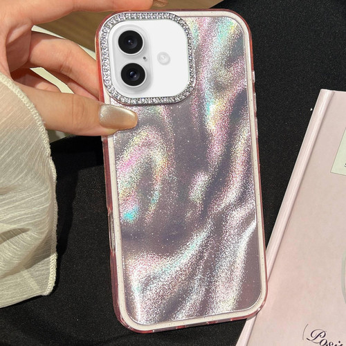 iPhone 17 3 in 1 Diamond Lens Frame Quicksand Pattern Phone Case - Pink