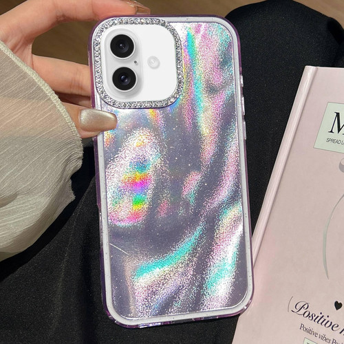 iPhone 17 3 in 1 Diamond Lens Frame Quicksand Pattern Phone Case - Purple