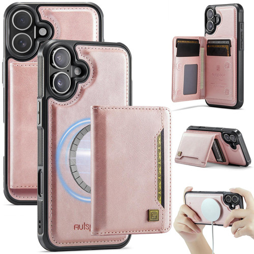 iPhone 17 AutSpace A13 MagSafe Magnetic RFID Flip Card Bag Phone Case - Rose Gold