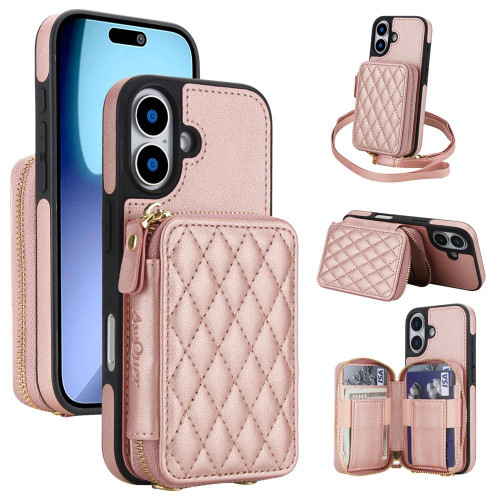 iPhone 17 AwQuer Crossbody Zipper Wallet Rhombic Leather Back Phone Case - Rose Gold