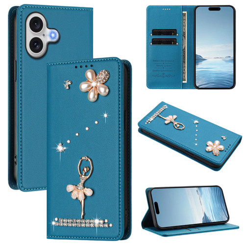 iPhone 17 Ballet Girl Diamond Studded RFID Vegan Leather Phone Case - Lake Blue