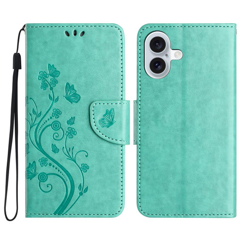 iPhone 17 Butterfly Flower Pattern Flip Leather Phone Case - Green