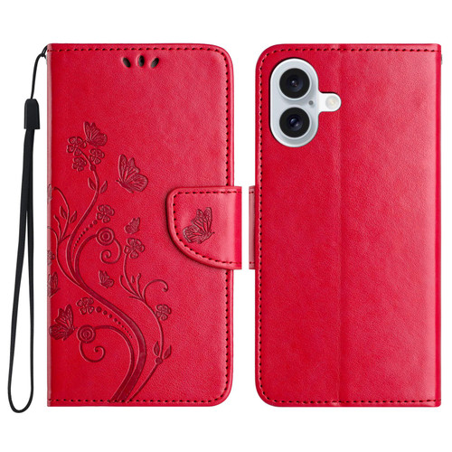 iPhone 17 Butterfly Flower Pattern Flip Leather Phone Case - Red