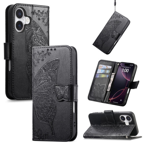 iPhone 17 Butterfly Love Flower Embossed Leather Phone Case - Black