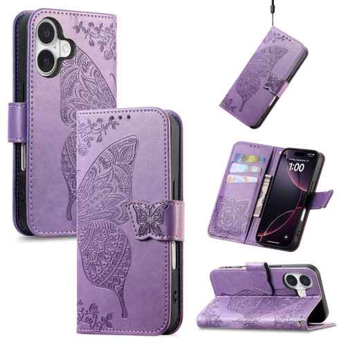 iPhone 17 Butterfly Love Flower Embossed Leather Phone Case - Lavender
