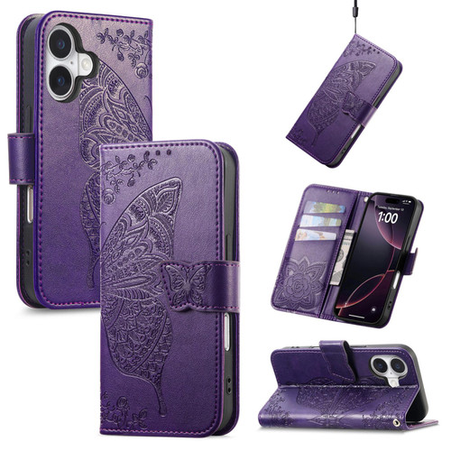 iPhone 17 Butterfly Love Flower Embossed Leather Phone Case - Purple