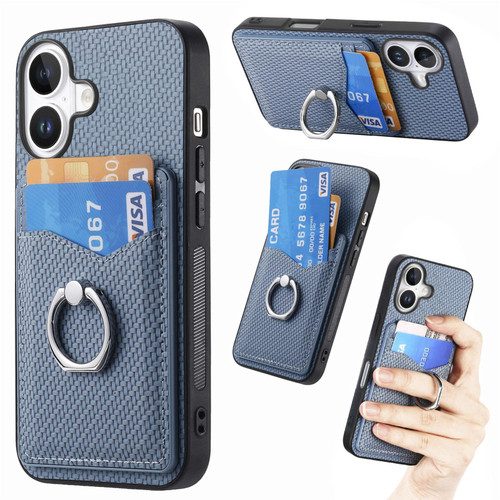 iPhone 17 Carbon Fiber Card Wallet Ring Phone Case - Blue