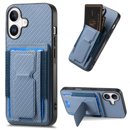 iPhone 17 Carbon Fiber Fold Stand Elastic Card Bag Phone Case - Blue