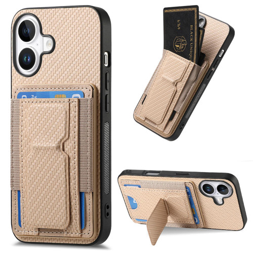 iPhone 17 Carbon Fiber Fold Stand Elastic Card Bag Phone Case - Khaki