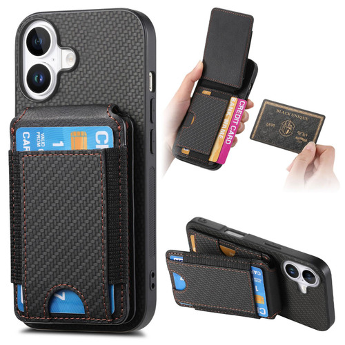iPhone 17 Carbon Fiber Vertical Flip Wallet Stand Phone Case - Black