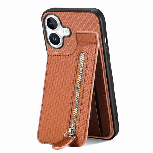 iPhone 17 Carbon Fiber Vertical Flip Zipper Phone Case - Brown