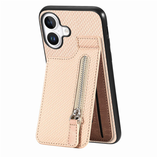 iPhone 17 Carbon Fiber Vertical Flip Zipper Phone Case - Khaki