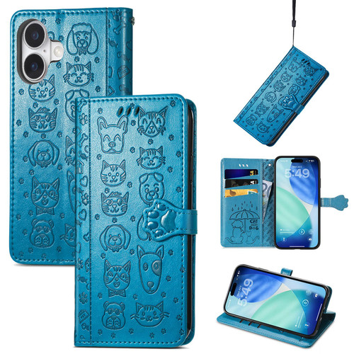 iPhone 17 Cat and Dog Embossed Leather Phone Case - Blue