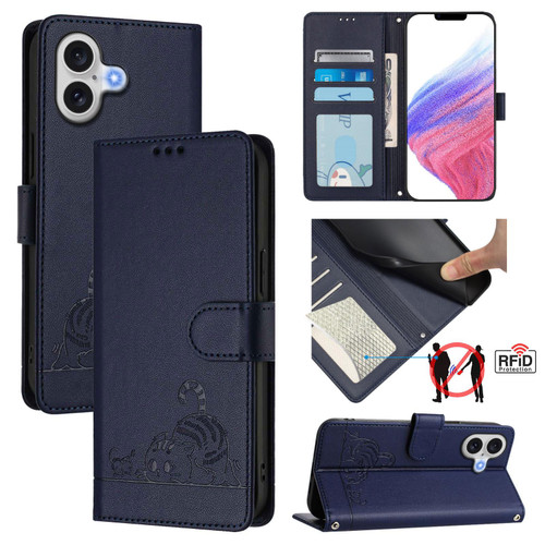 iPhone 17 Cat Rat Embossed Pattern RFID Leather Phone Case with Lanyard - Blue