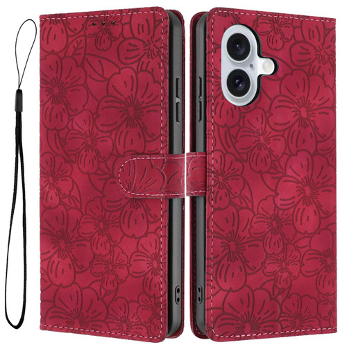 iPhone 17 Cherry Blossoms Embossed Leather Phone Case - Red