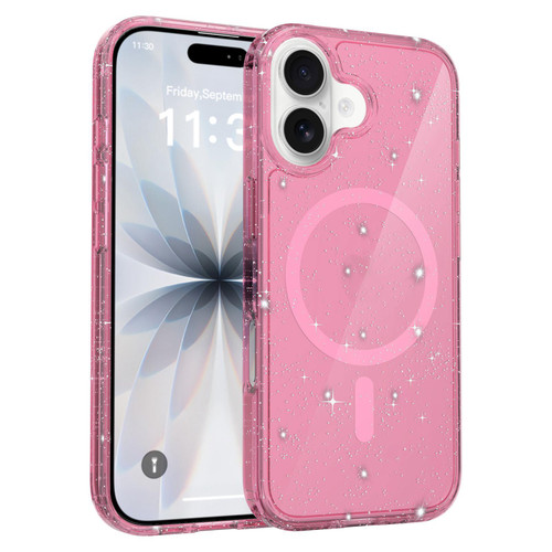 iPhone 17 Clear Glitter Magnetic PC Hybrid TPU Phone Case - Pink