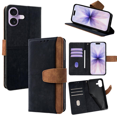 iPhone 17 Color Stitching Skin Feel Leather RFID Blocking Phone Case - Black