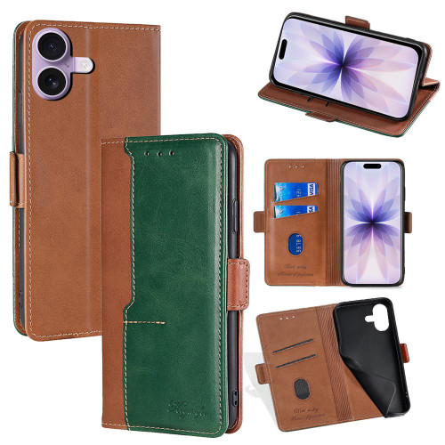 iPhone 17 Contrast Color Side Buckle Leather Phone Case - Light Brown + Green