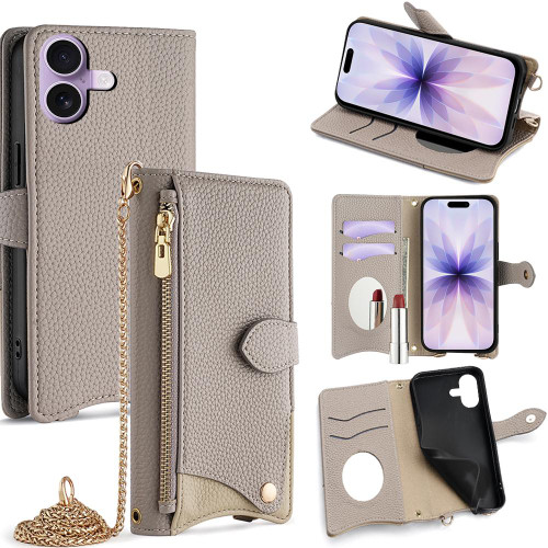 iPhone 17 Crossbody Chain Fishtail Litchi Leather Phone Case - Grey