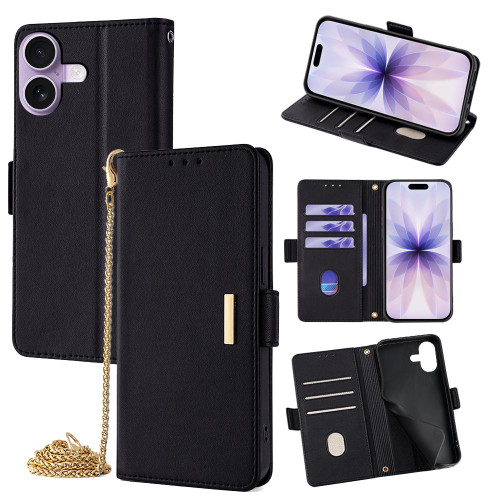 iPhone 17 Crossbody Chain Leather Phone Case - Black