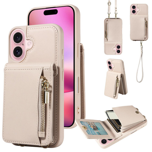 iPhone 17 Crossbody Lanyard Zipper Wallet Leather Phone Case - Beige
