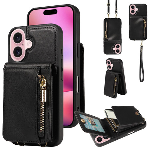 iPhone 17 Crossbody Lanyard Zipper Wallet Leather Phone Case - Black