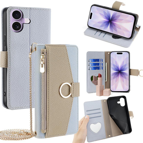 iPhone 17 Crossbody Litchi Texture Leather Phone Case - Blue