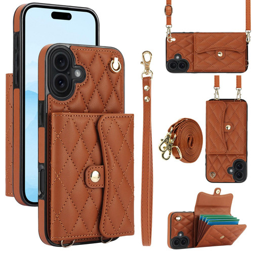 iPhone 17 Crossbody Rhombic Horizontal Wallet Leather Phone Case - Brown