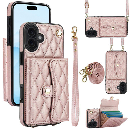 iPhone 17 Crossbody Rhombic Horizontal Wallet Leather Phone Case - Rose Gold