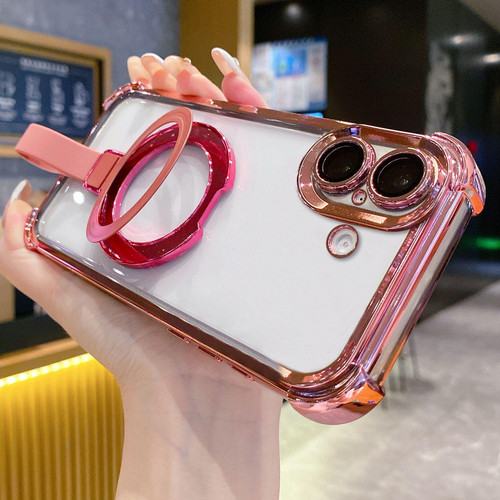 iPhone 17 Crystal Shield Ring Holde TPU + Acrylic Magnetic Phone Case - Pink