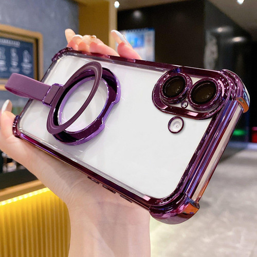 iPhone 17 Crystal Shield Ring Holde TPU + Acrylic Magnetic Phone Case - Purple