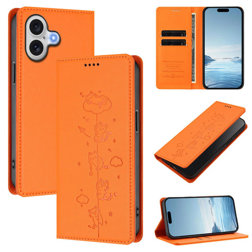 iPhone 17 Cute Cats Embossed Magnetic RFID Vegan Leather Phone Case - Orange
