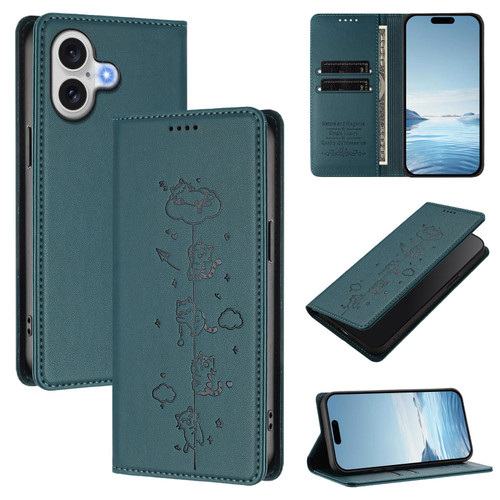 iPhone 17 Cute Cats Embossed Magnetic RFID Vegan Leather Phone Case - Peacock Green