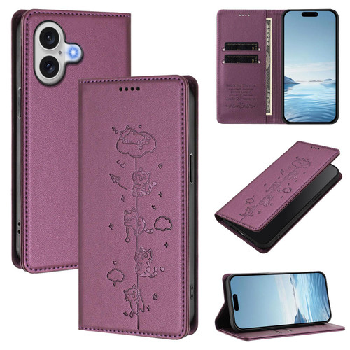 iPhone 17 Cute Cats Embossed Magnetic RFID Vegan Leather Phone Case - Violet Purple
