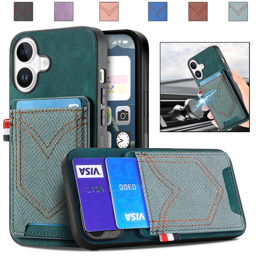 iPhone 17 Denim Texture Leather Skin Phone Case with Card Slot - Green