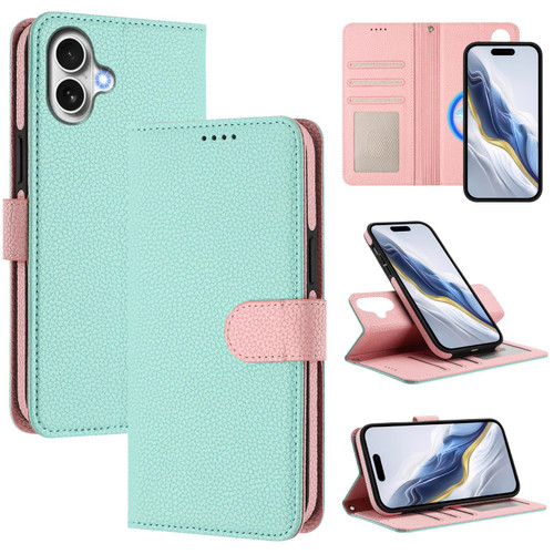 iPhone 17 Detachable Litchi Texture Magnetic Side-Patch Vegan Leather Phone Case - Mint Green Pink
