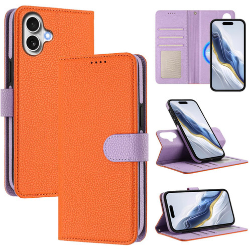 iPhone 17 Detachable Litchi Texture Magnetic Side-Patch Vegan Leather Phone Case - Orange Purple