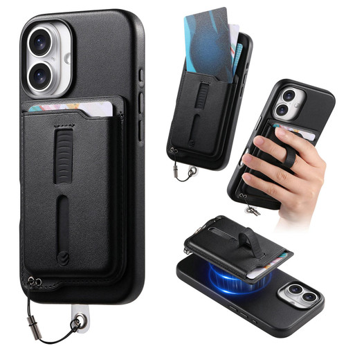 iPhone 17 Detachable Magnetic Card Bag Phone Case with Finger Ring Grip & Anti-loss Rope - Black