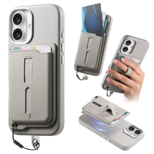 iPhone 17 Detachable Magnetic Card Bag Phone Case with Finger Ring Grip & Anti-loss Rope - Gray